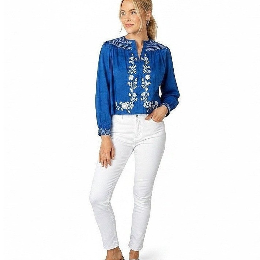 Zara Blue White Floral Embroidered Long Sleeve Cropped Boho Blouse Small